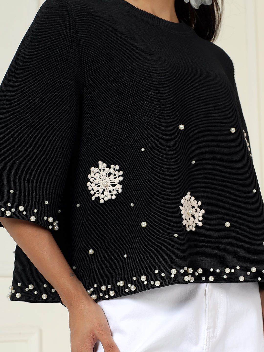 Bloom Embellished Top in Black