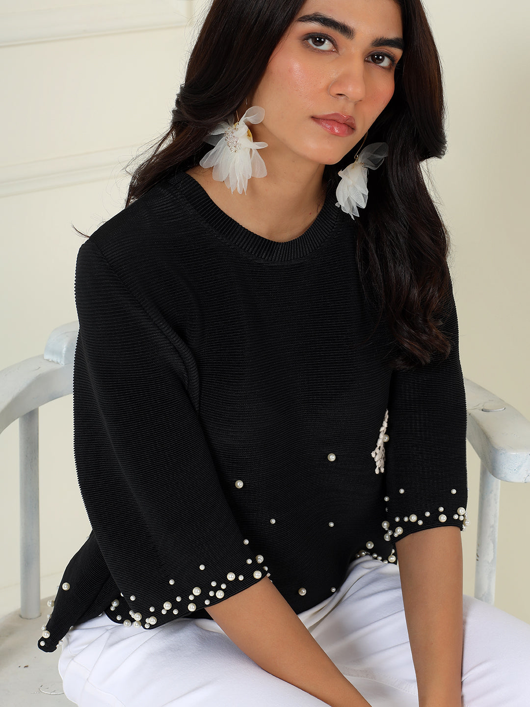 Bloom Embellished Top in Black