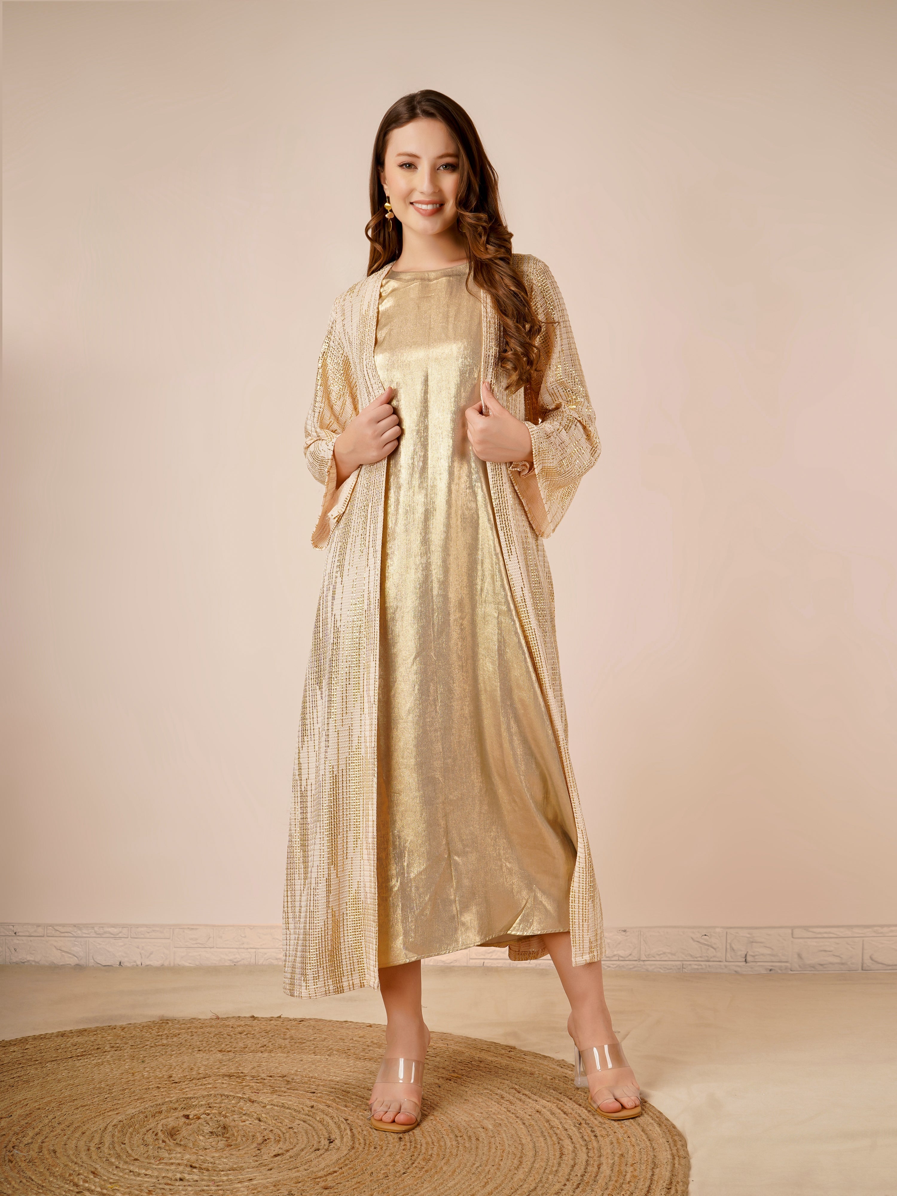 Rayon Jacket Dress In Gold Color