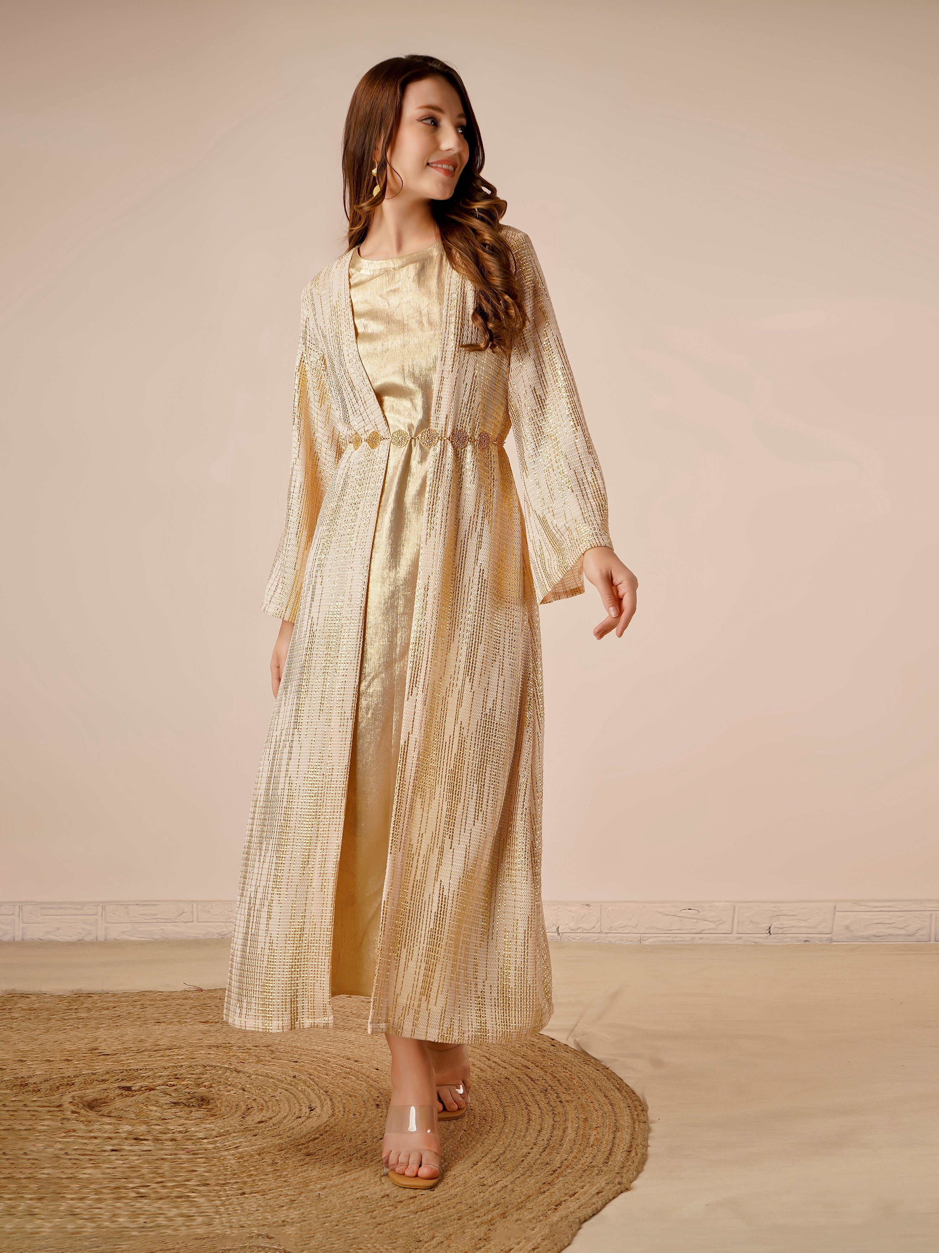 Rayon Jacket Dress In Gold Color