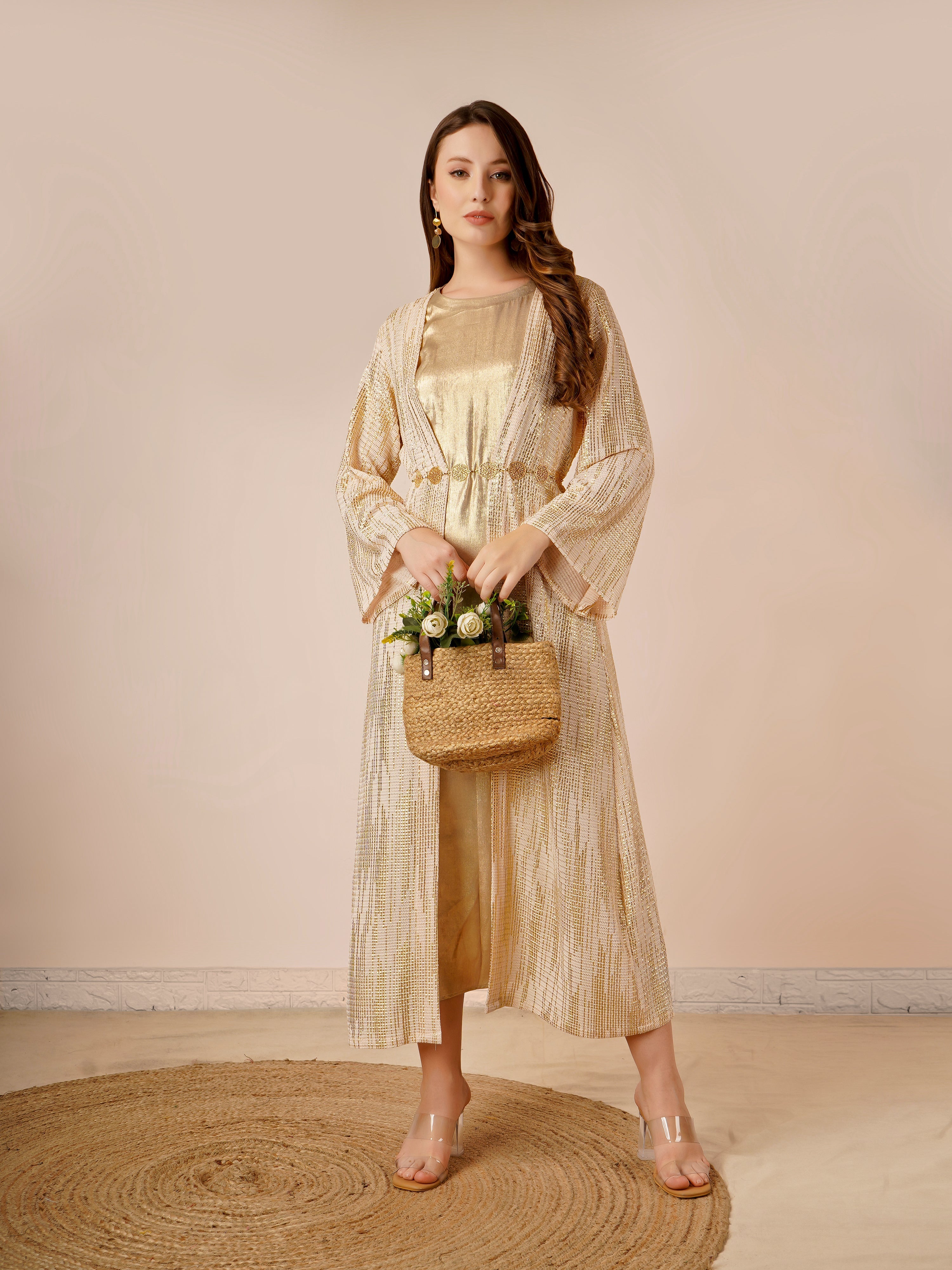 Rayon Jacket Dress In Gold Color