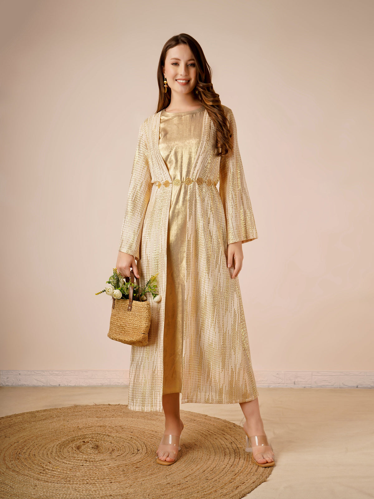 Rayon Jacket Dress In Gold Color