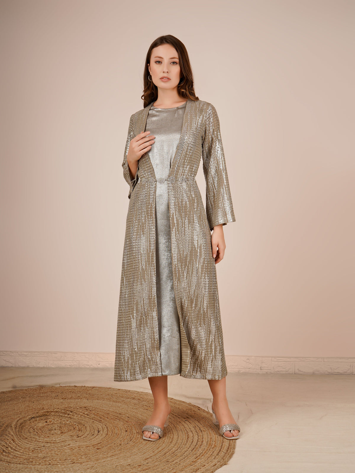 Rayon Jacket Dress In Silver Color
