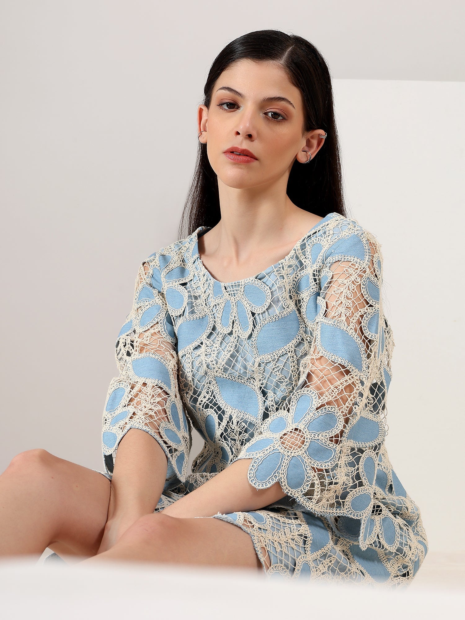 Sky Bloom – Embroidered Denim Dress