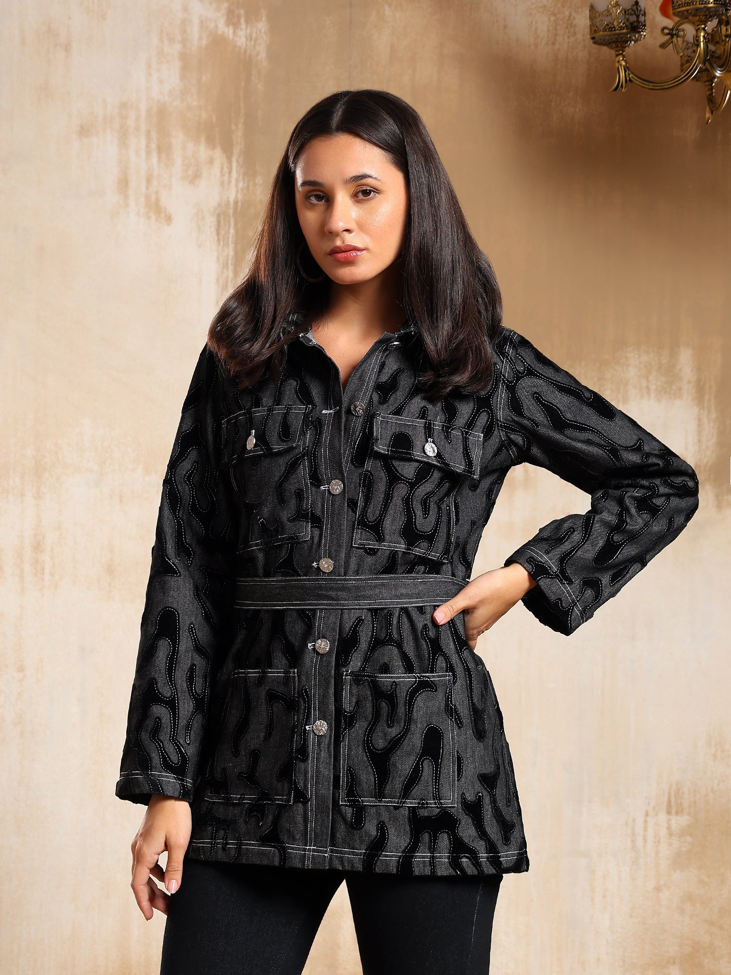 Reva Velvet Textured Denim Jacket