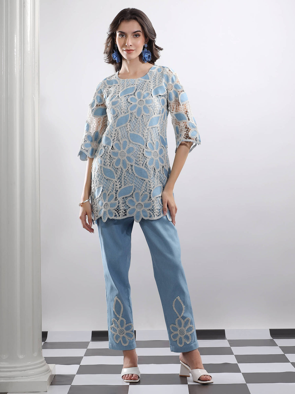 Sky Bloom – Embroidered Denim Lace Co-ord Set